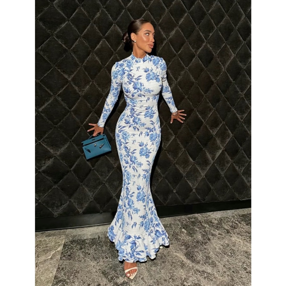 NEW Blue Floral Long Sleeve Maxi Dress Size L (US 8/10)